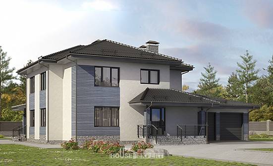 340-005-П Проект двухэтажного дома и гаражом, большой коттедж из газосиликатных блоков Алексин | Проекты домов от House Expert