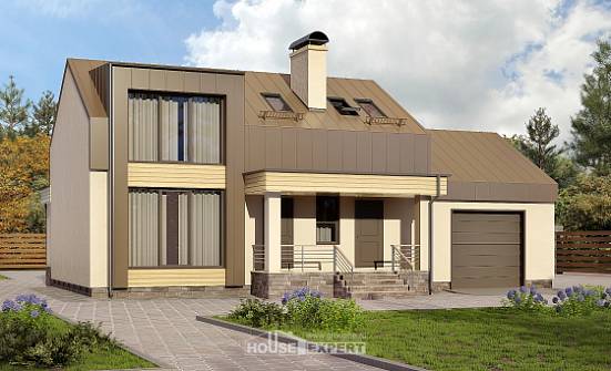 150-015-Л Проект двухэтажного дома с мансардным этажом, гараж, компактный домик из поризованных блоков Ефремов | Проекты домов от House Expert