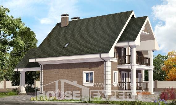 140-003-П Проект двухэтажного дома мансардой, гараж, бюджетный коттедж из пеноблока, House Expert